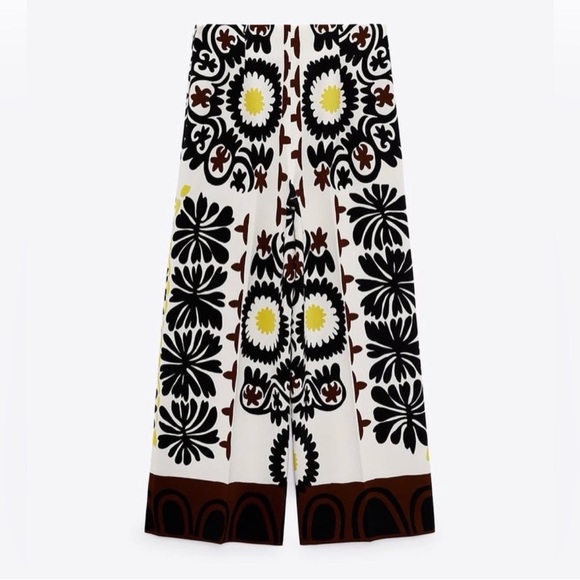 Zara Floral Wide-Leg Pants - Black, White, Brown - Picture 2 of 3